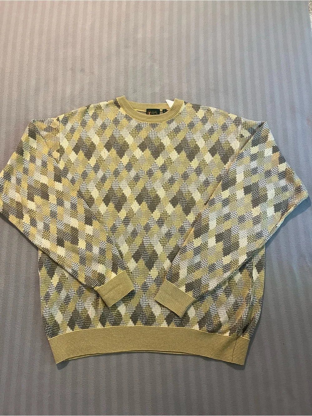 Bobby Jones Yellow and Gray Argyle Crewneck Sweater